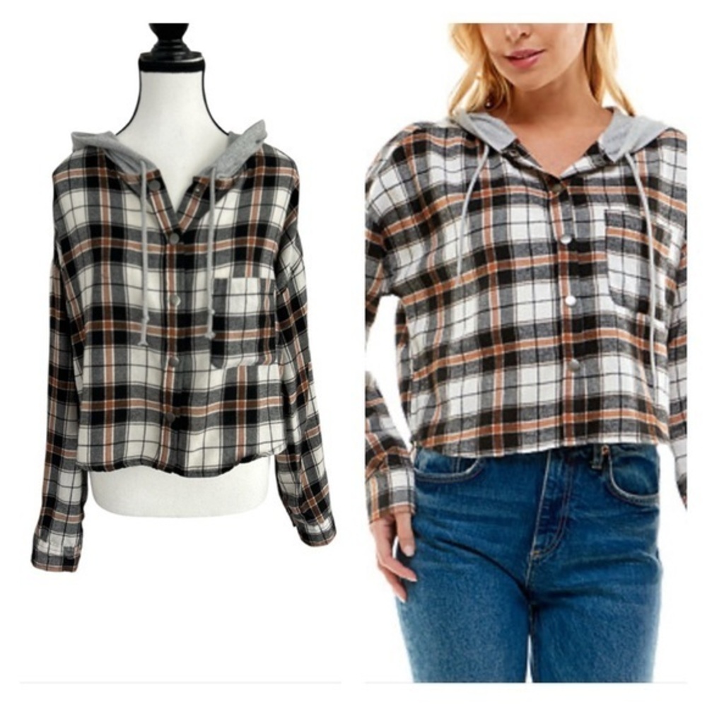 No Comment Juniors' Hooded Plaid Shacket, Large